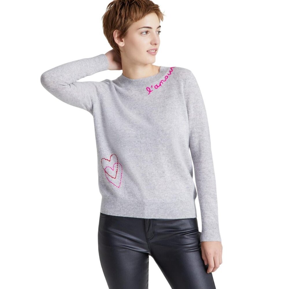NWT Charter Club Women's Cashmere L'Amour Embroidered Crewneck Sweater Gray M